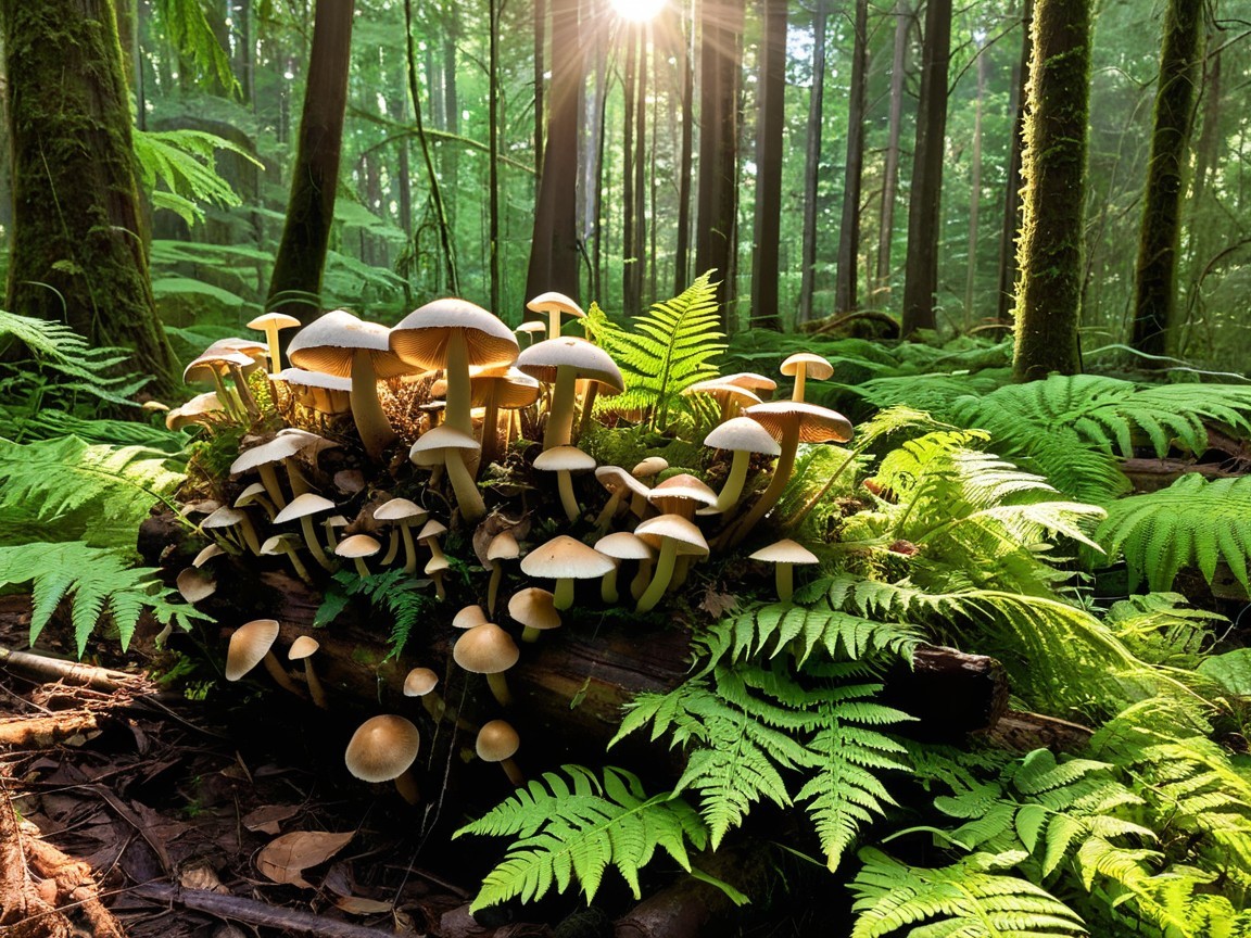 Vibrant Mushrooms in a Serene Forest Setting
