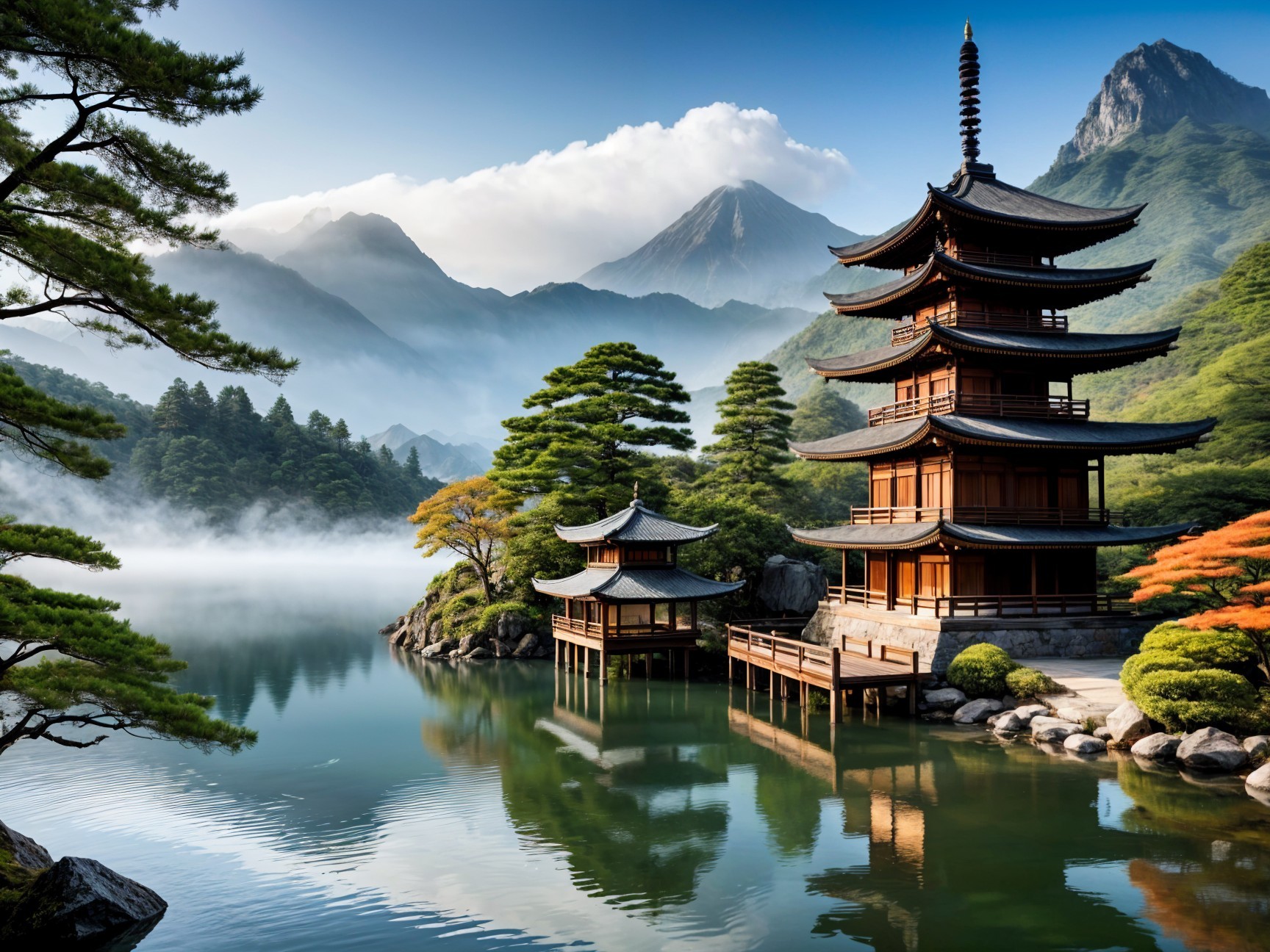 Serene Landscape with Pagoda by Calm Lake and Mountains