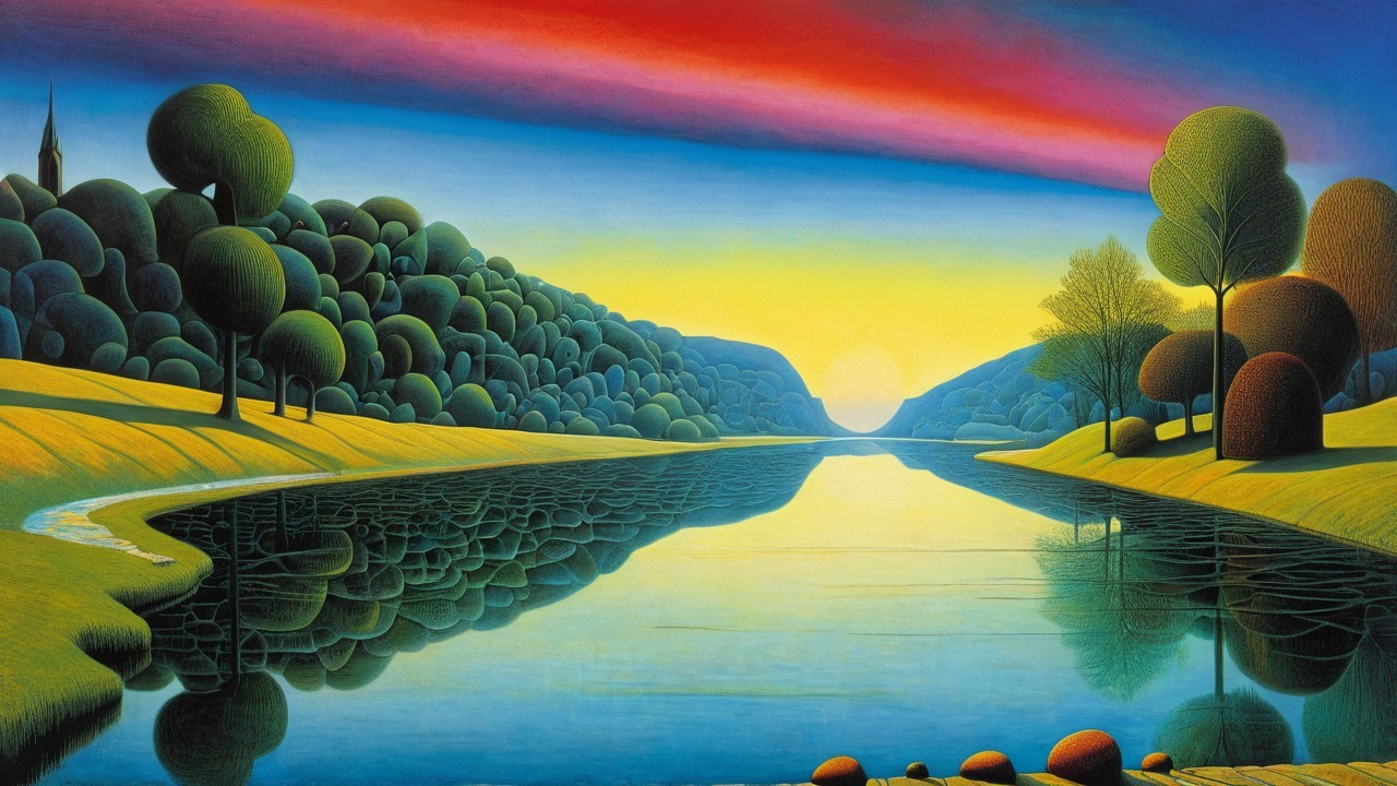 Serene landscape with calm river and vibrant sky colors