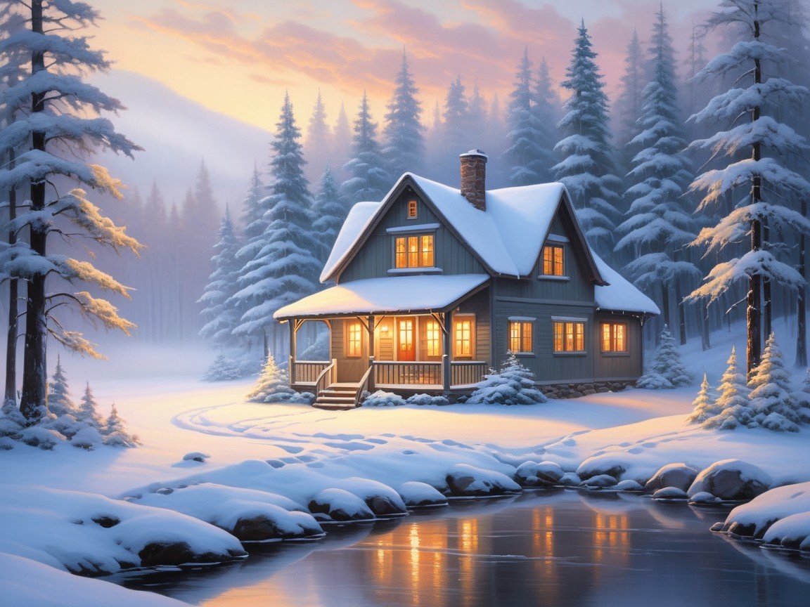 Charming Cabin in a Snowy Evergreen Landscape