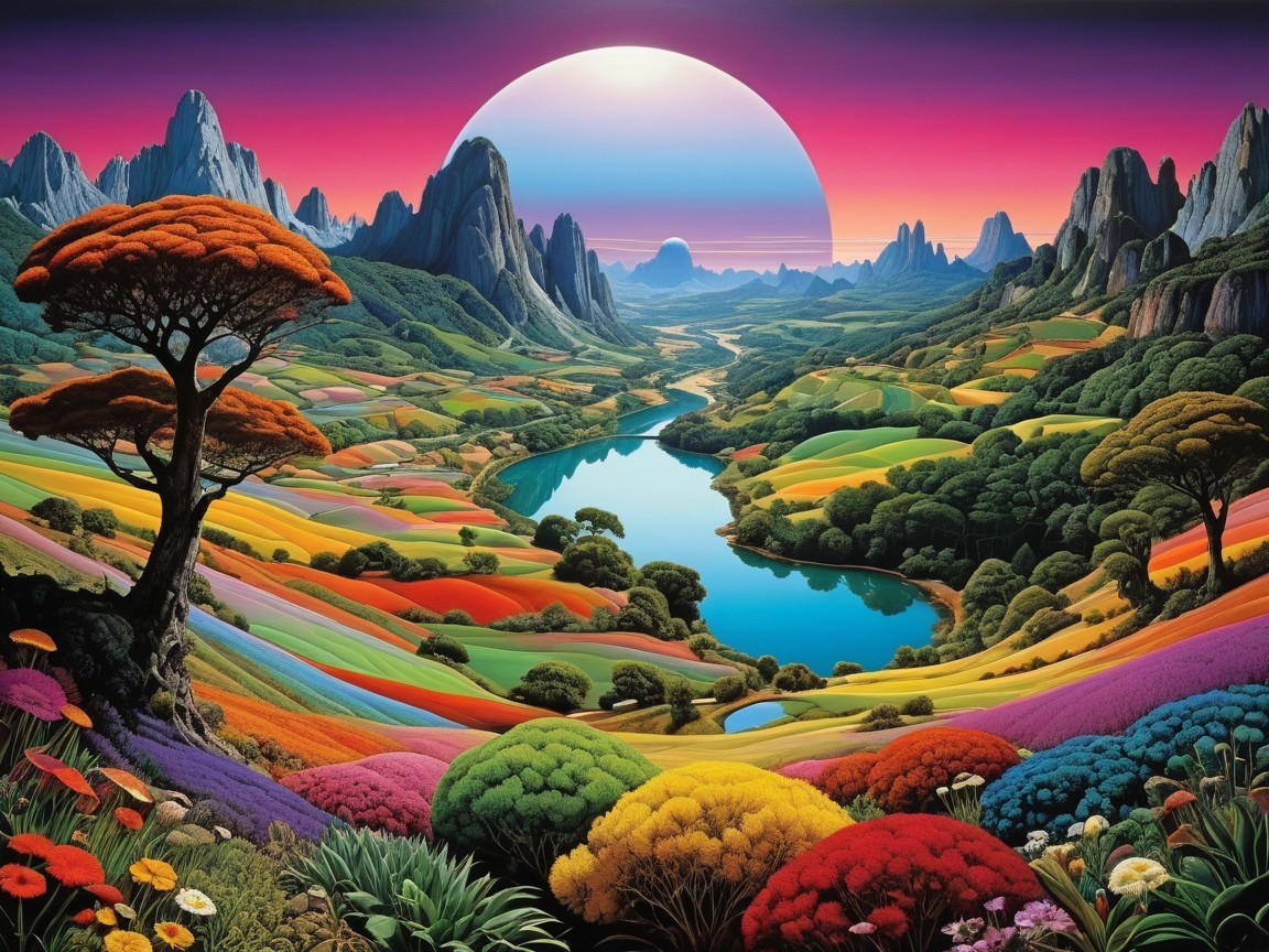 Vibrant Landscape with Colorful Flowers and Mountains