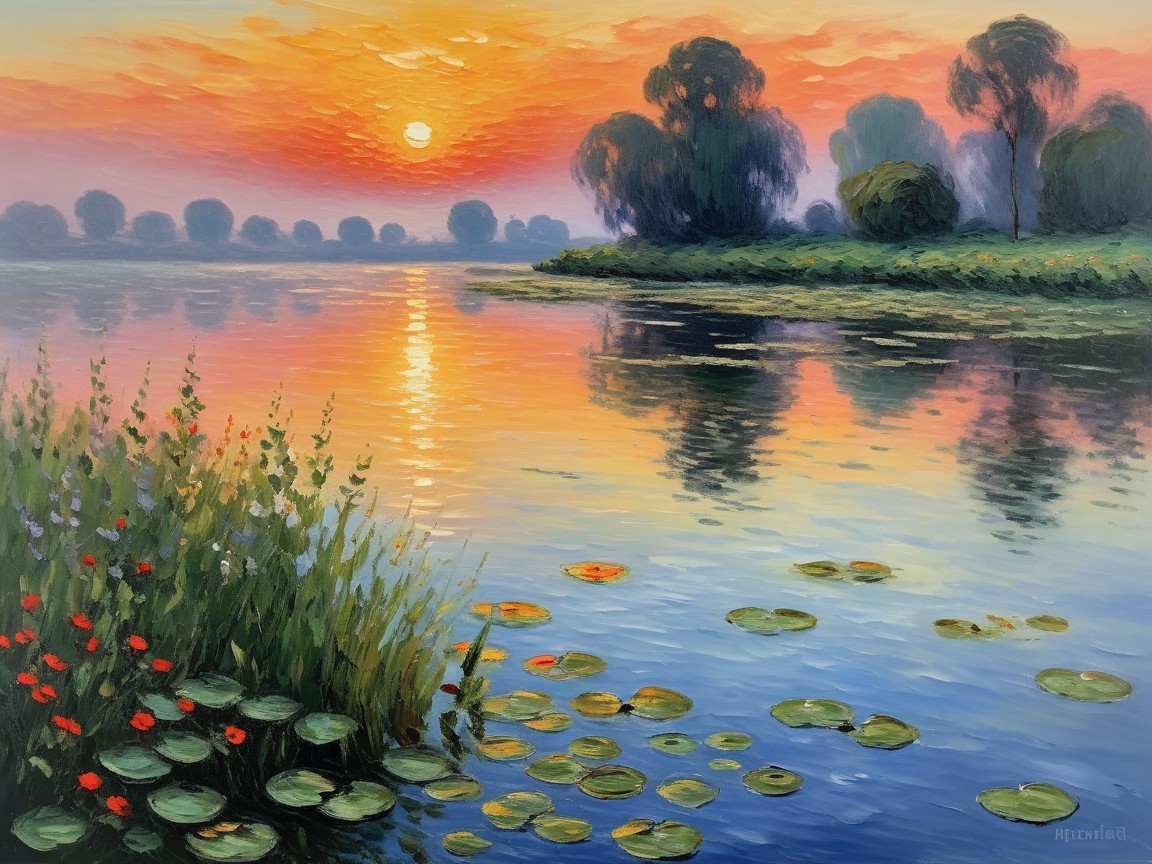 Tranquil Sunset Over a Serene Lake with Reflections