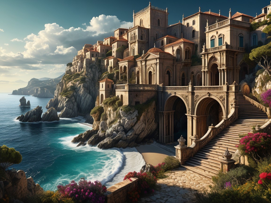 Coastal Scene with Historic Buildings and Beach View