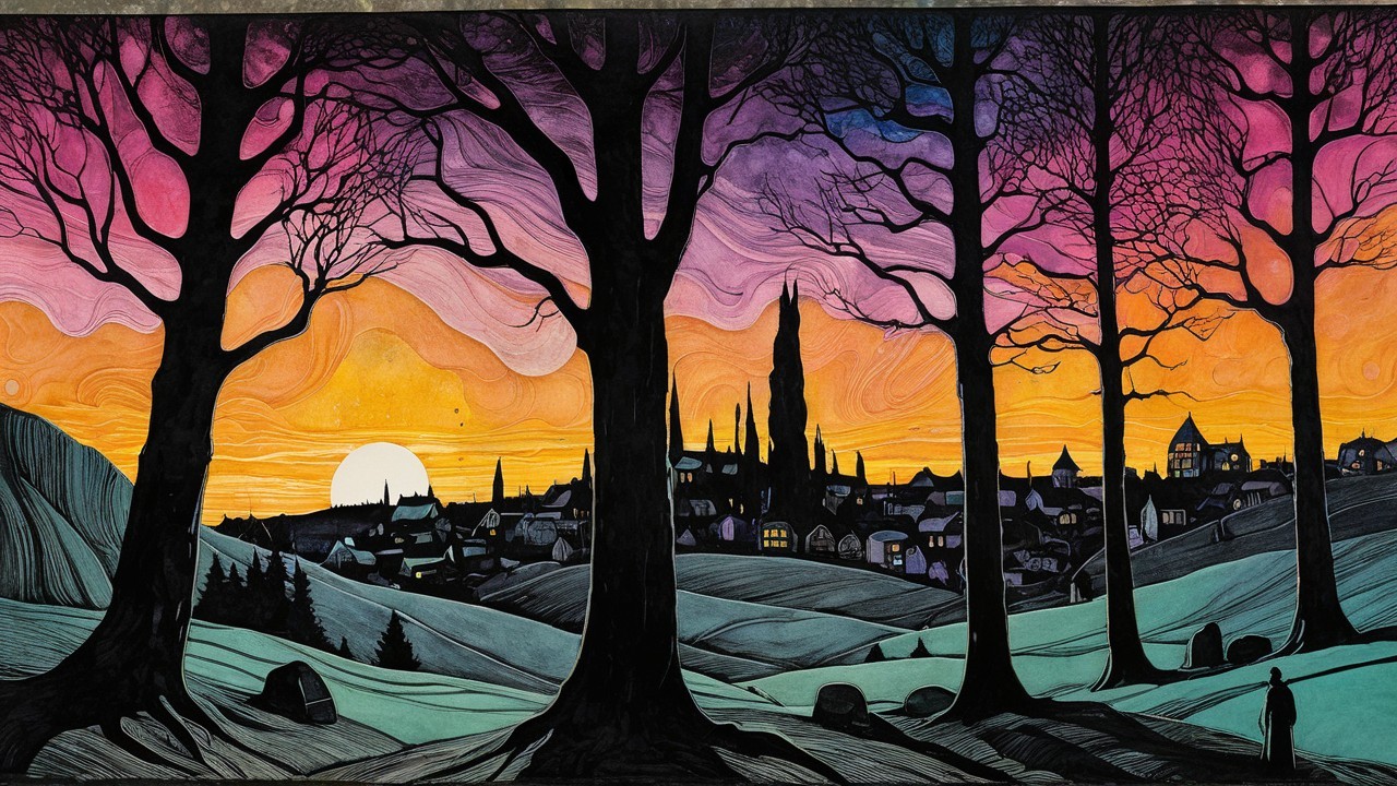 Vibrant Sunset Over Serene Landscape with Silhouettes