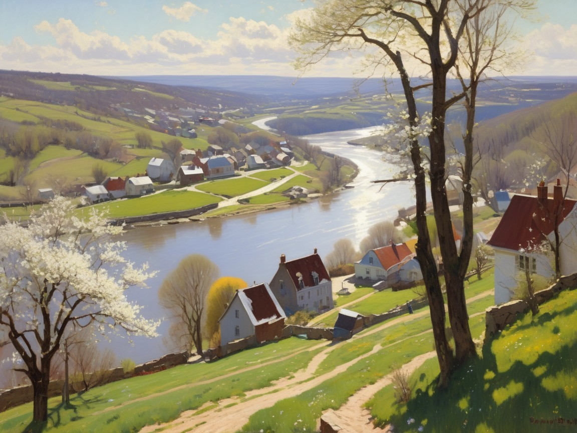 Serene landscape with winding river and lush hills
