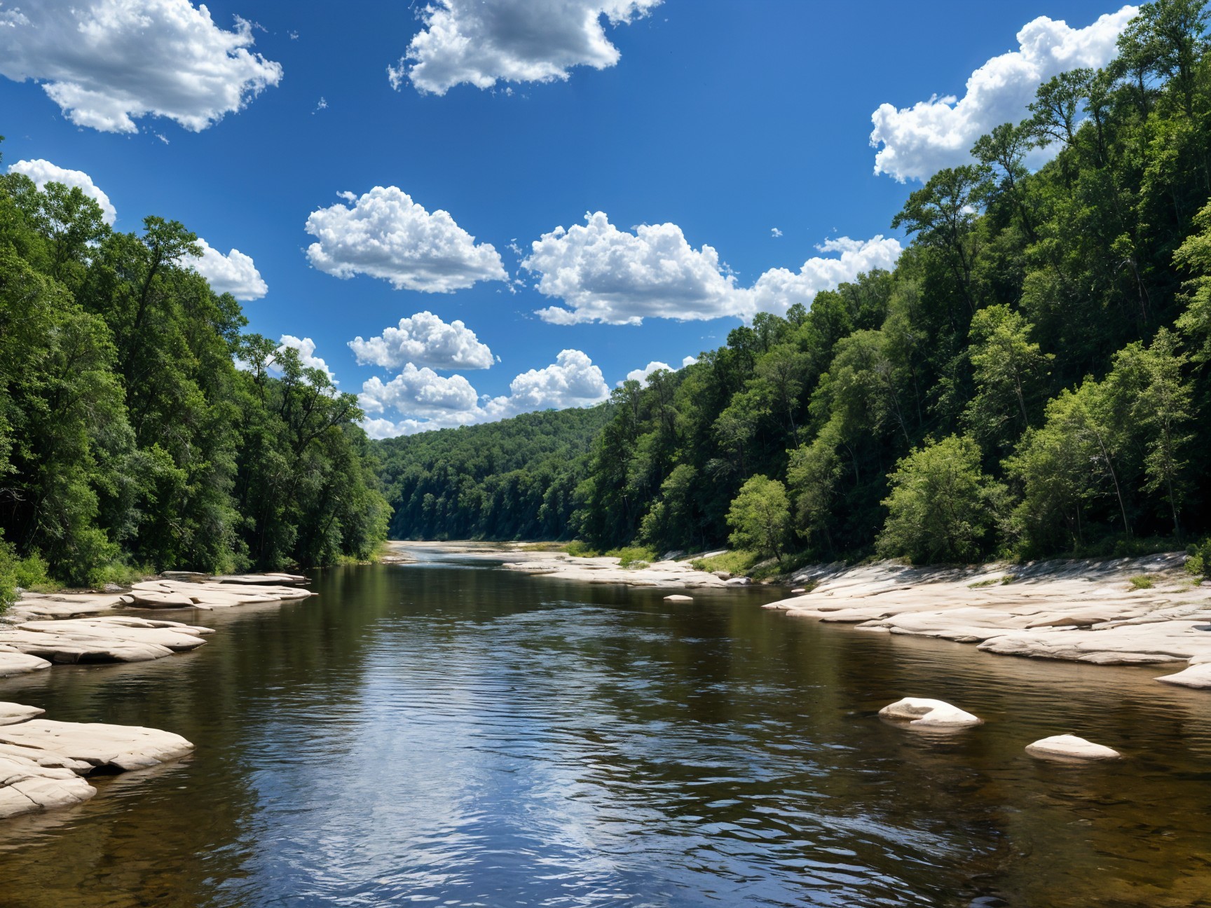 Serene River in Lush Green Forests Under Blue Sky