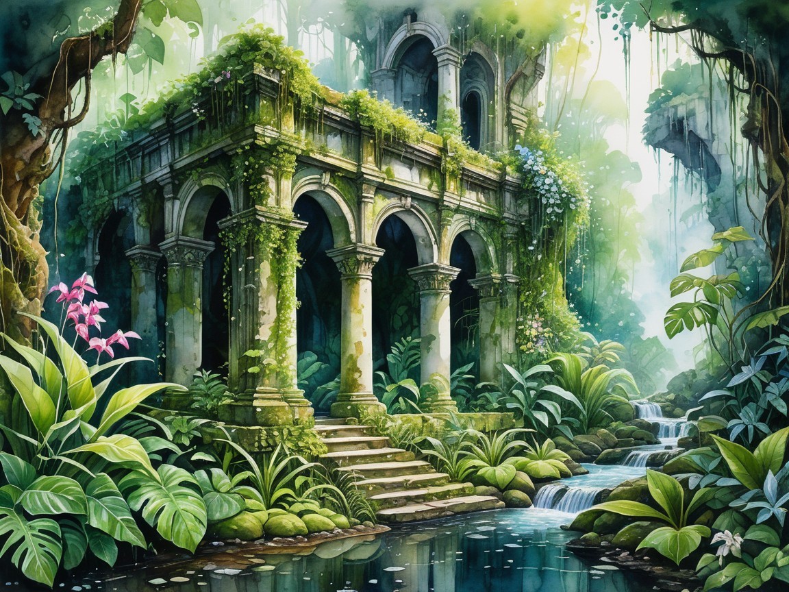 Overgrown Ruin Surrounded by Lush Greenery and Streams