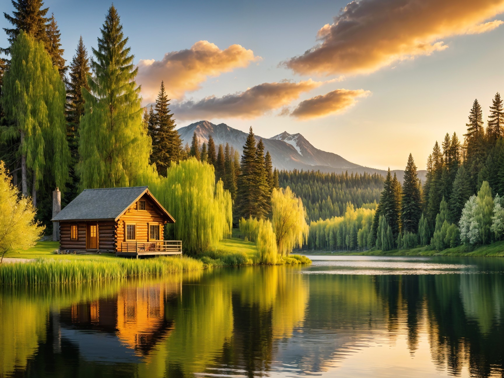 Log Cabin by Tranquil Lake Amidst Lush Nature