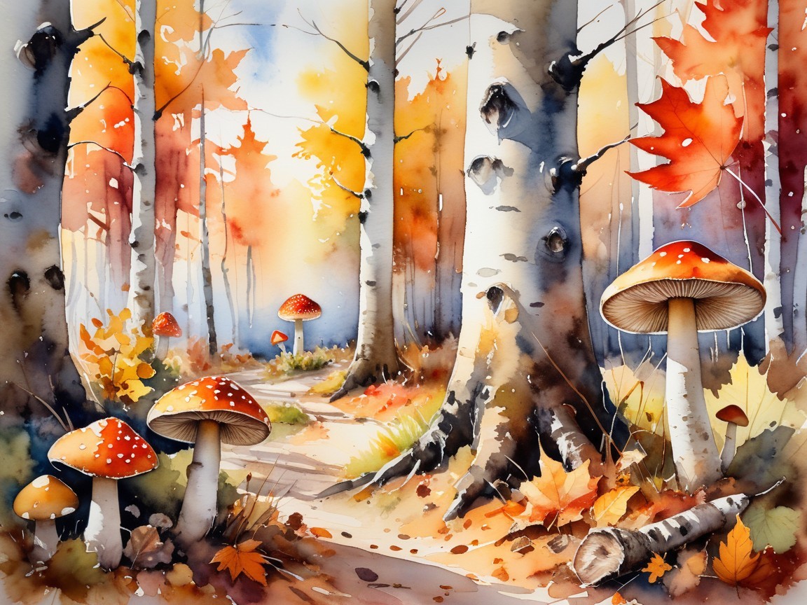 Autumn Forest Scene with Birch Trees and Mushrooms