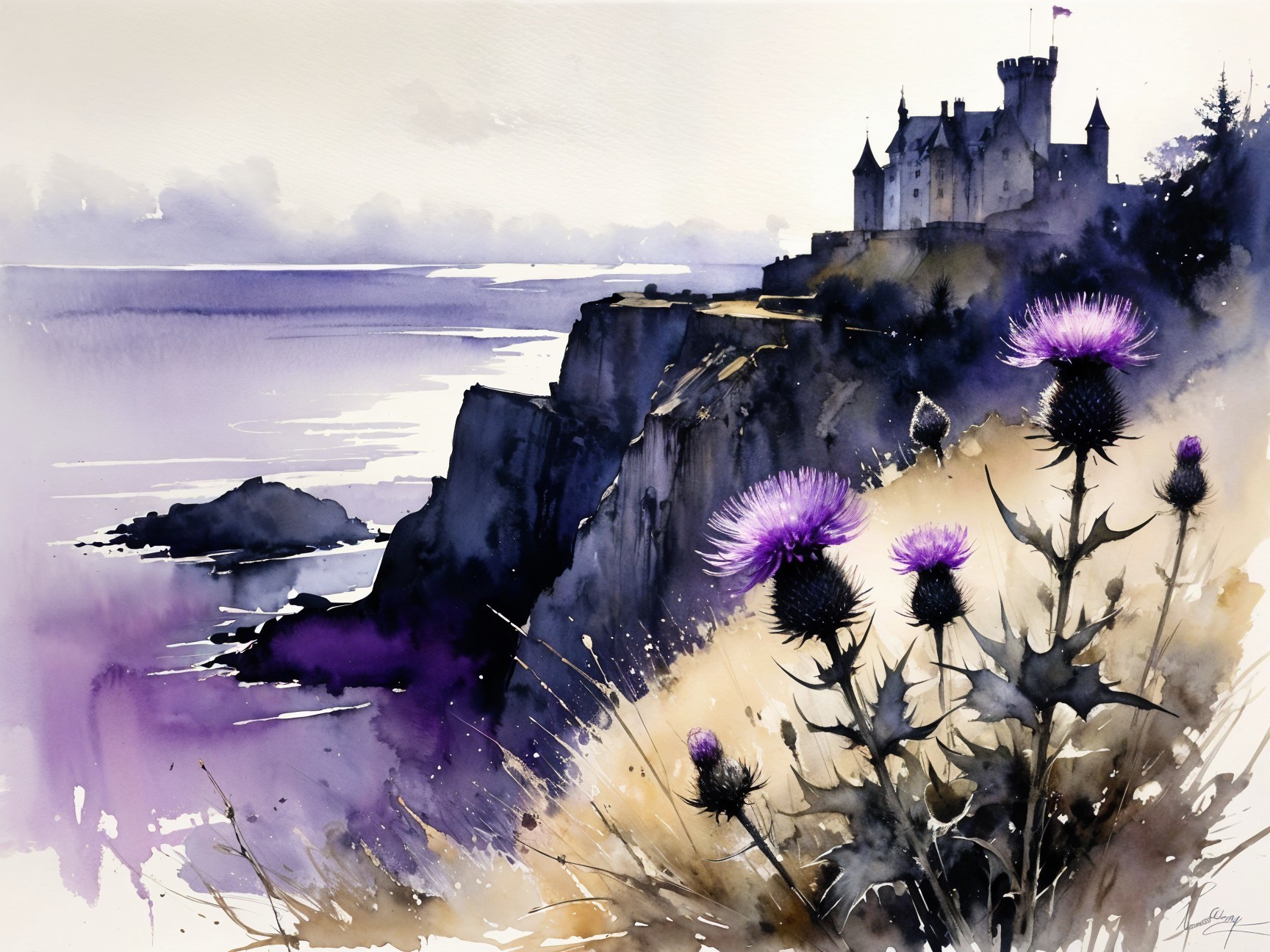 Watercolor Landscape of Cliffs, Ocean, and Castle