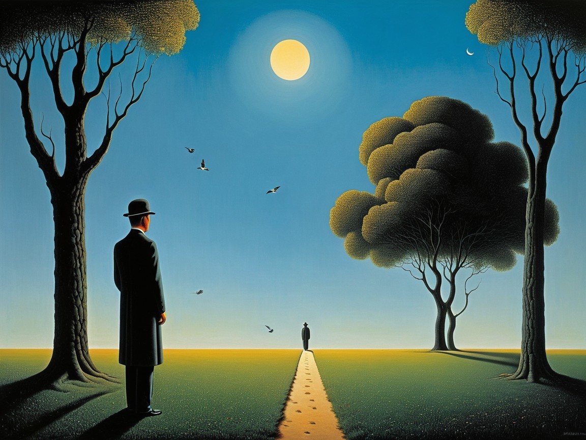 Solitary Figure Under Full Moon in Serene Landscape