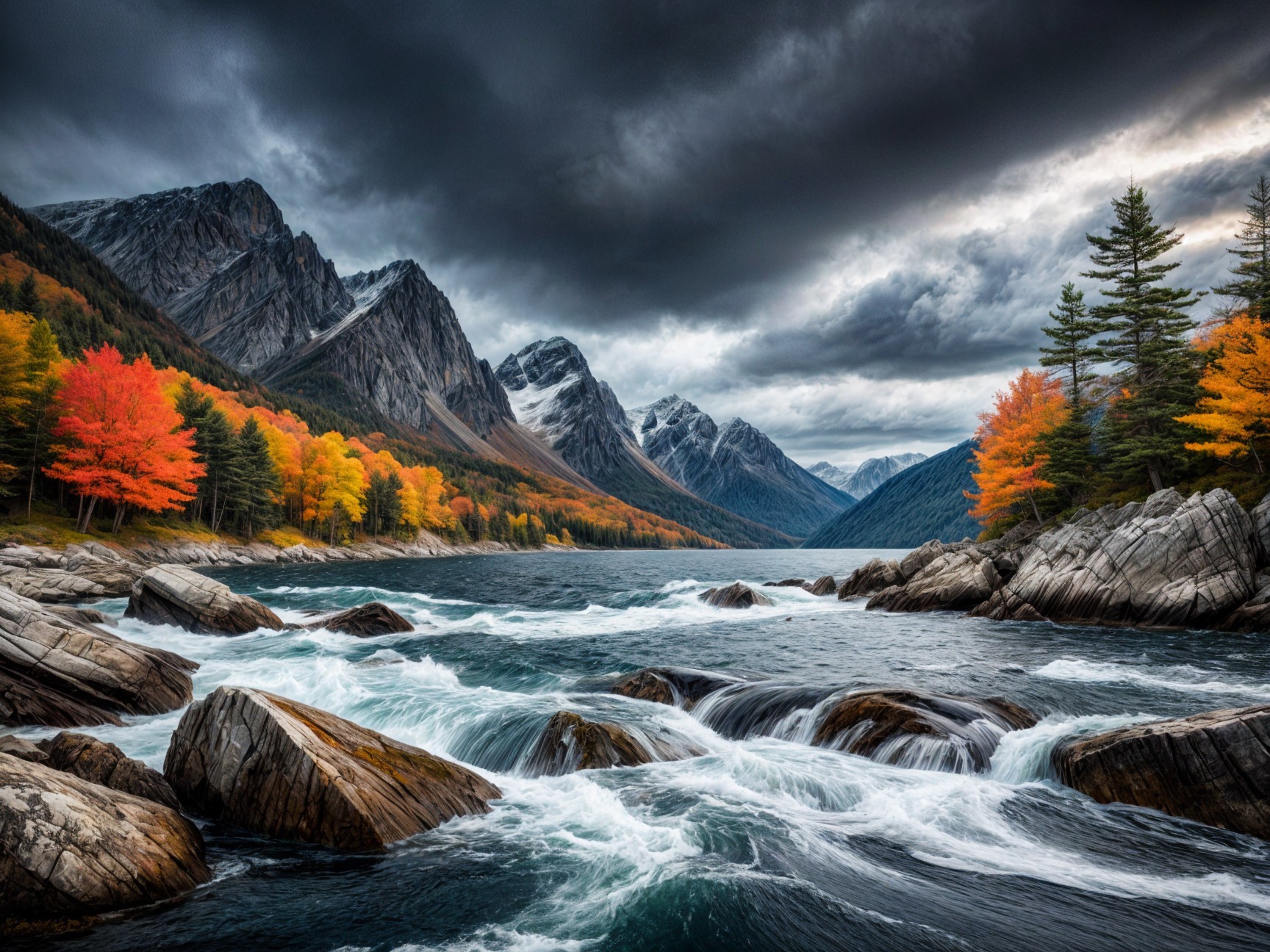 Serene Lake Surrounded by Majestic Mountains and Foliage