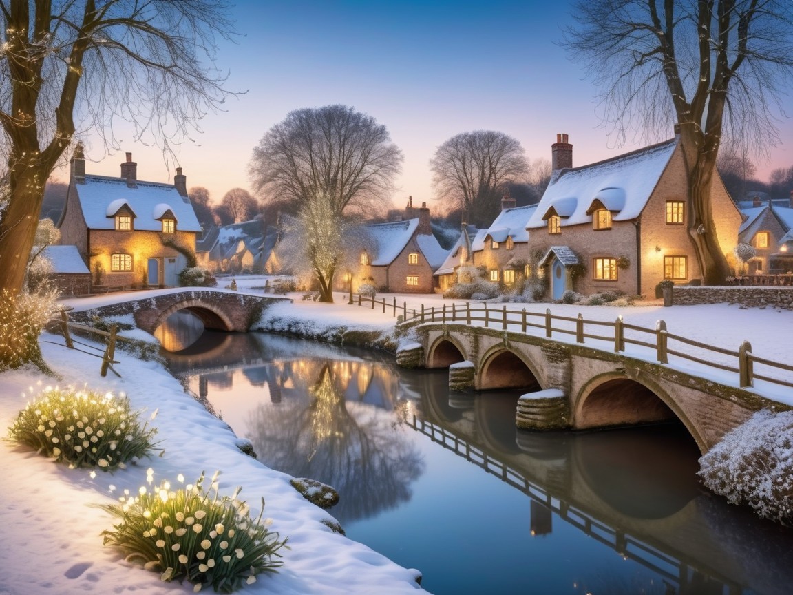 Winter Scene with Stone Cottages and Snowy Landscape