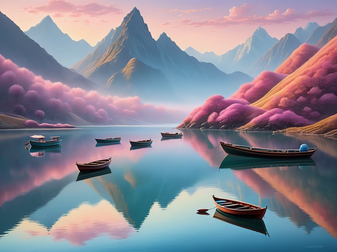 Majestic Mountains and Cherry Blossoms by a Lake