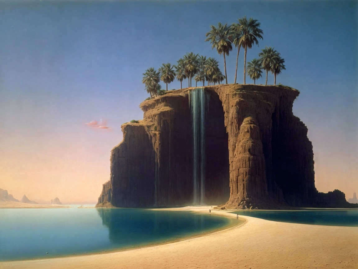 Tropical Island with Cliff, Waterfall, and Lagoon