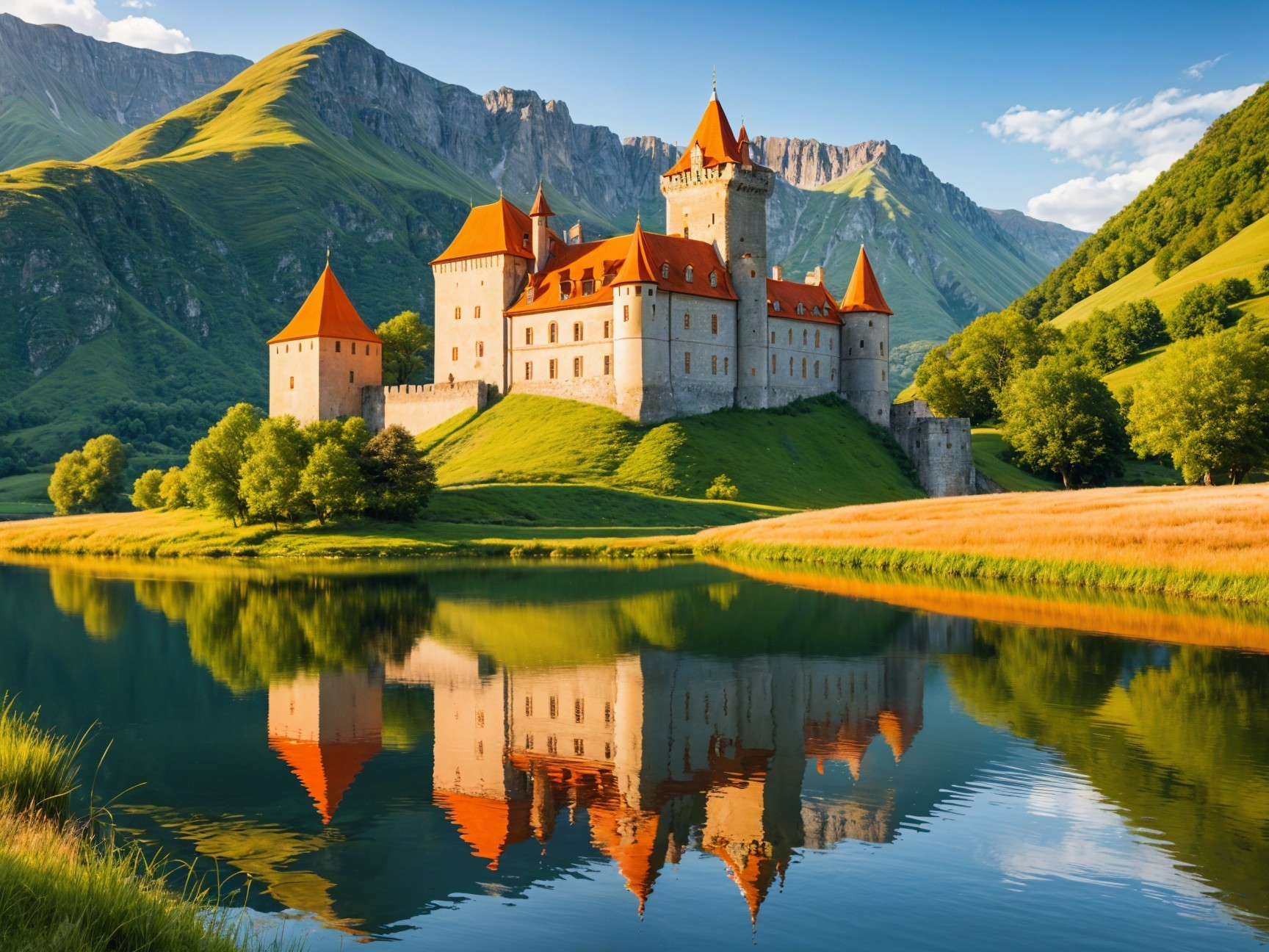 Castle on a Hill with Orange Rooftops and Lake
