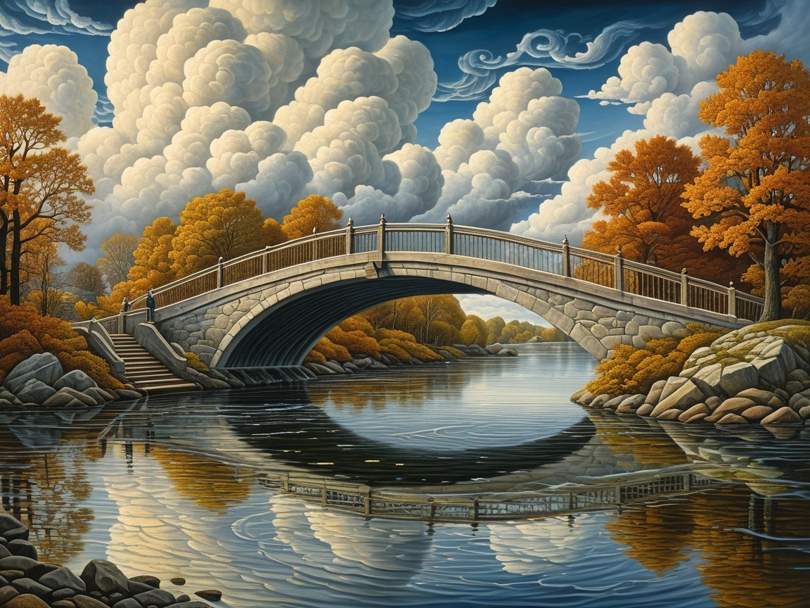 Stone bridge over calm river with autumn trees
