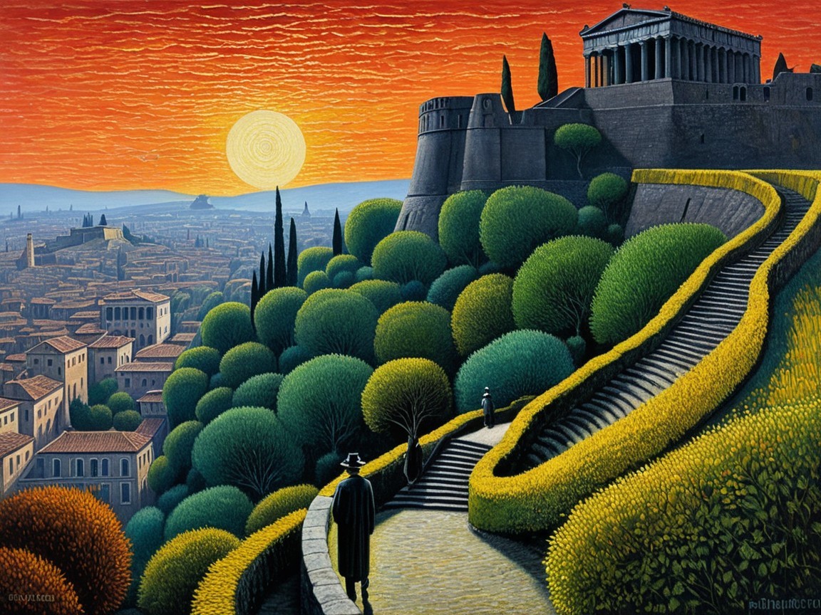 Vibrant Sunset Over City with Ancient Temple and Figures