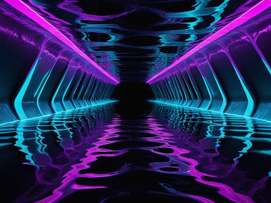 Futuristic tunnel with neon lights and dark water reflections