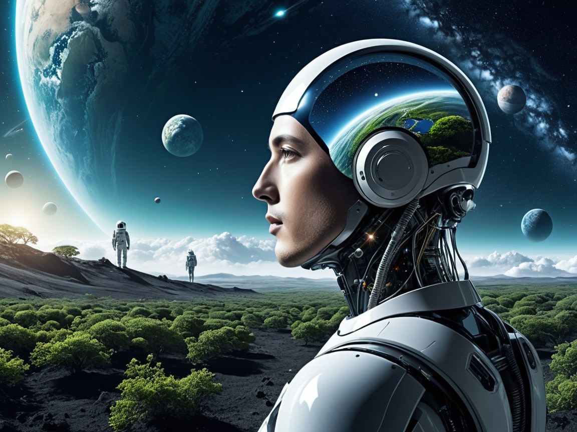 Futuristic Robot in Lush Alien Landscape with Astronauts
