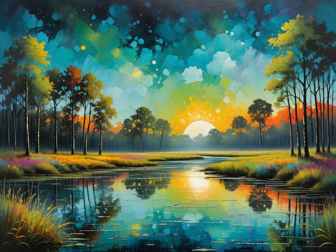 Vibrant Sunrise Landscape with Tranquil River Reflection