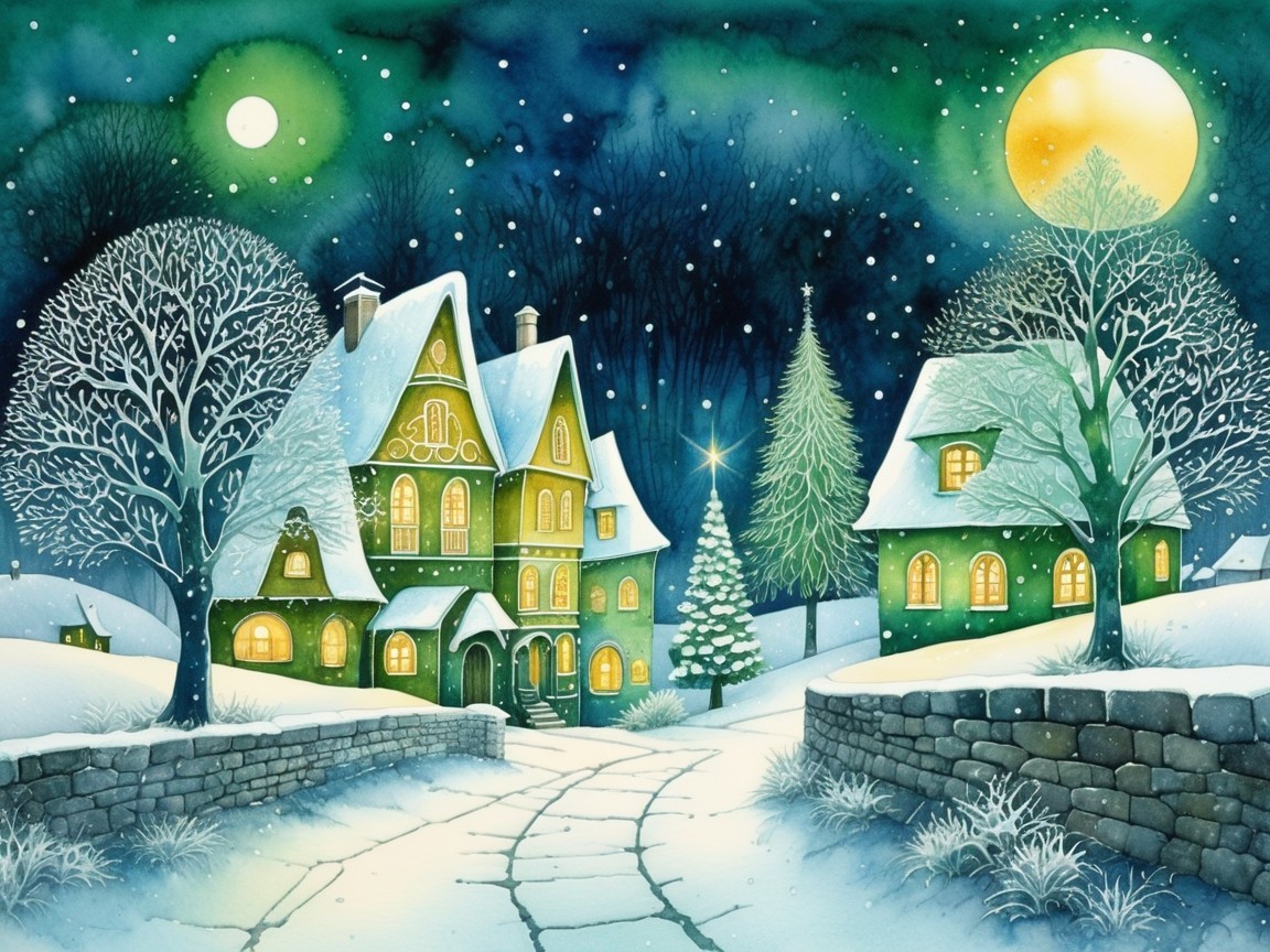 Winter Scene with Cozy Houses and Snowy Trees