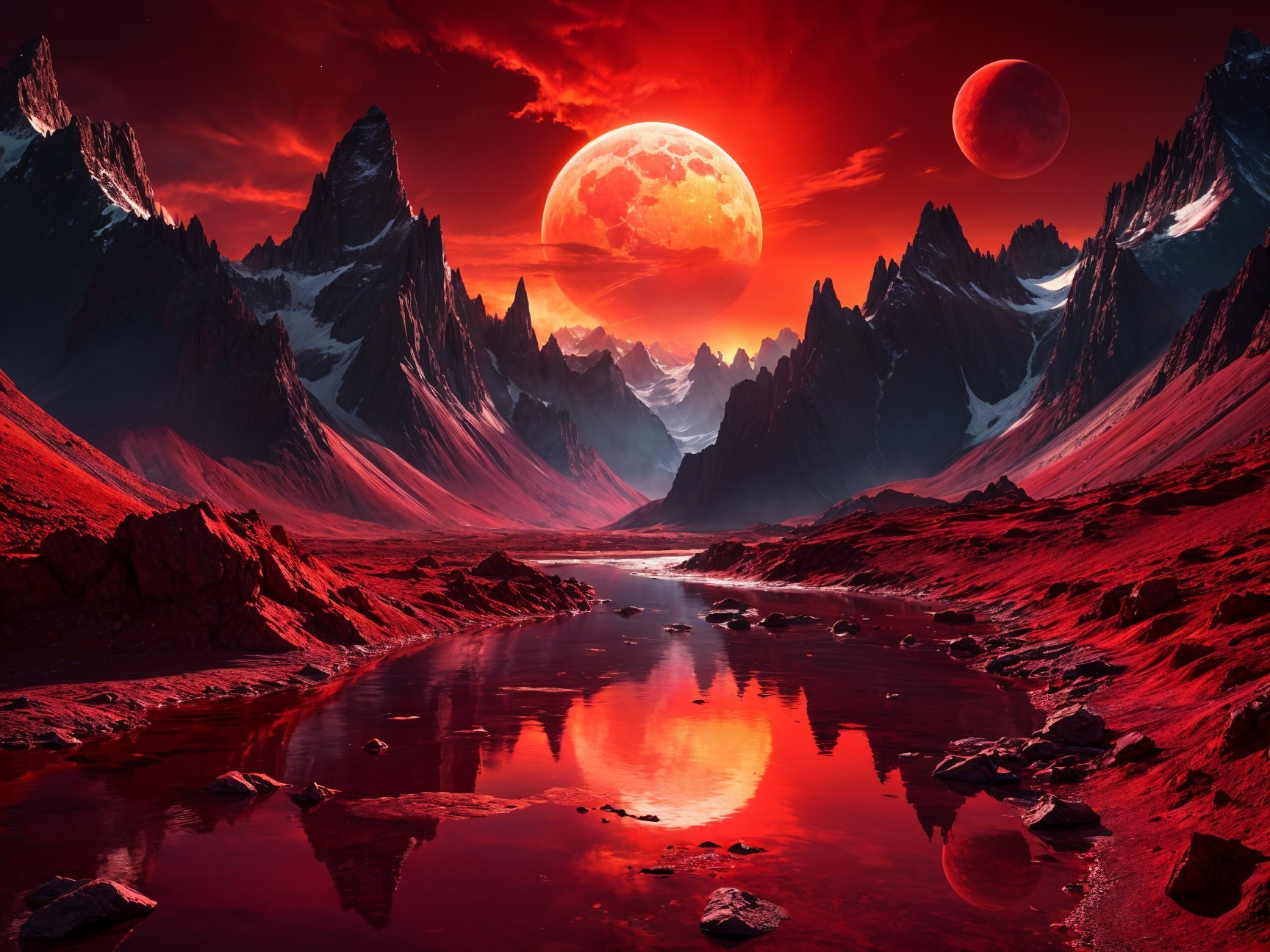 Alien Landscape with Mountains and Two Moons
