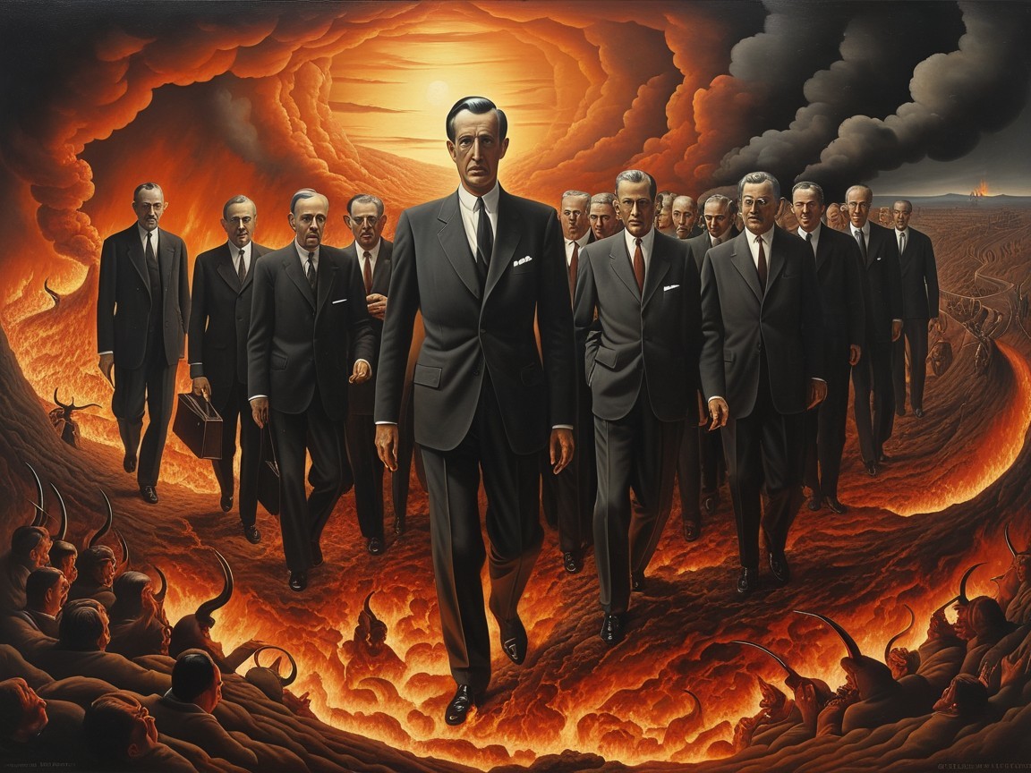 Men in Dark Suits Walking Through Fiery Landscape