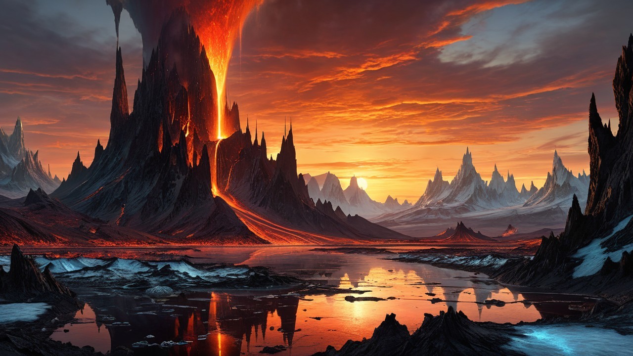 Dramatic Landscape with Mountains and Erupting Lava