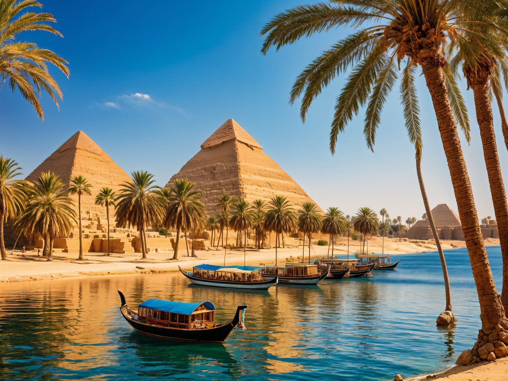 Pyramids of Giza Surrounded by Lush Landscape