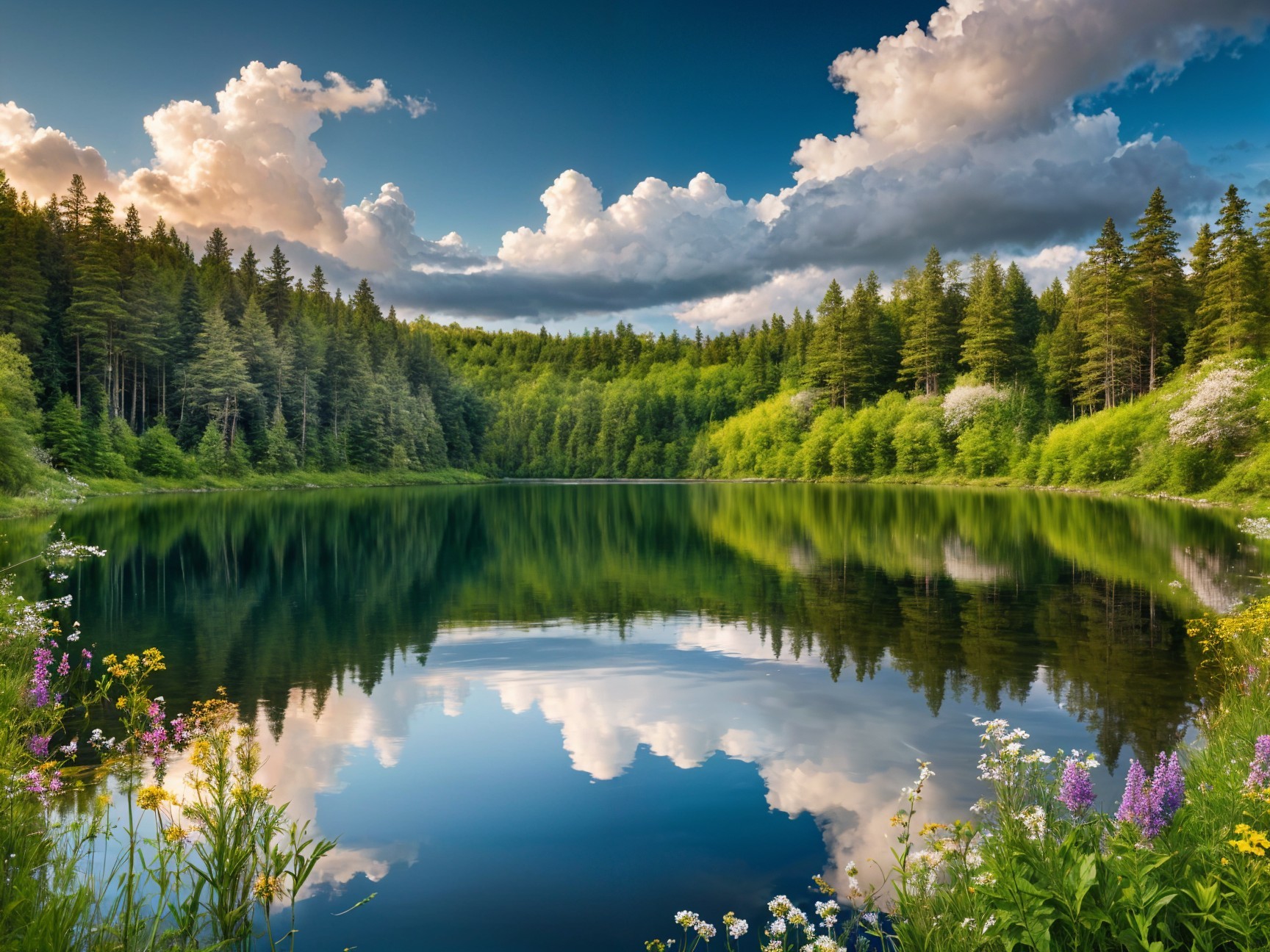 Serene Lake Surrounded by Lush Greenery and Wildflowers