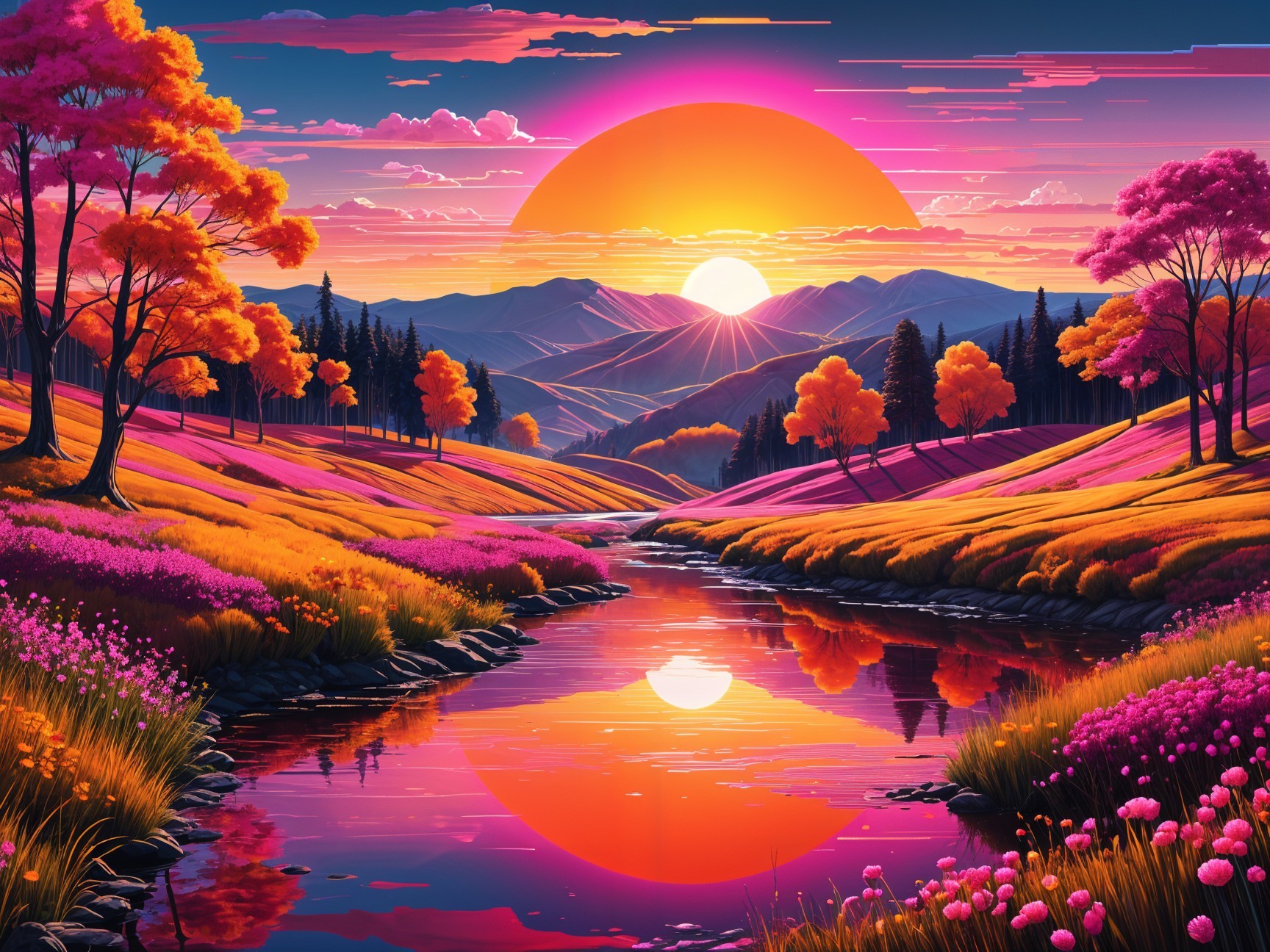 Vibrant Sunset Over Serene River Landscape