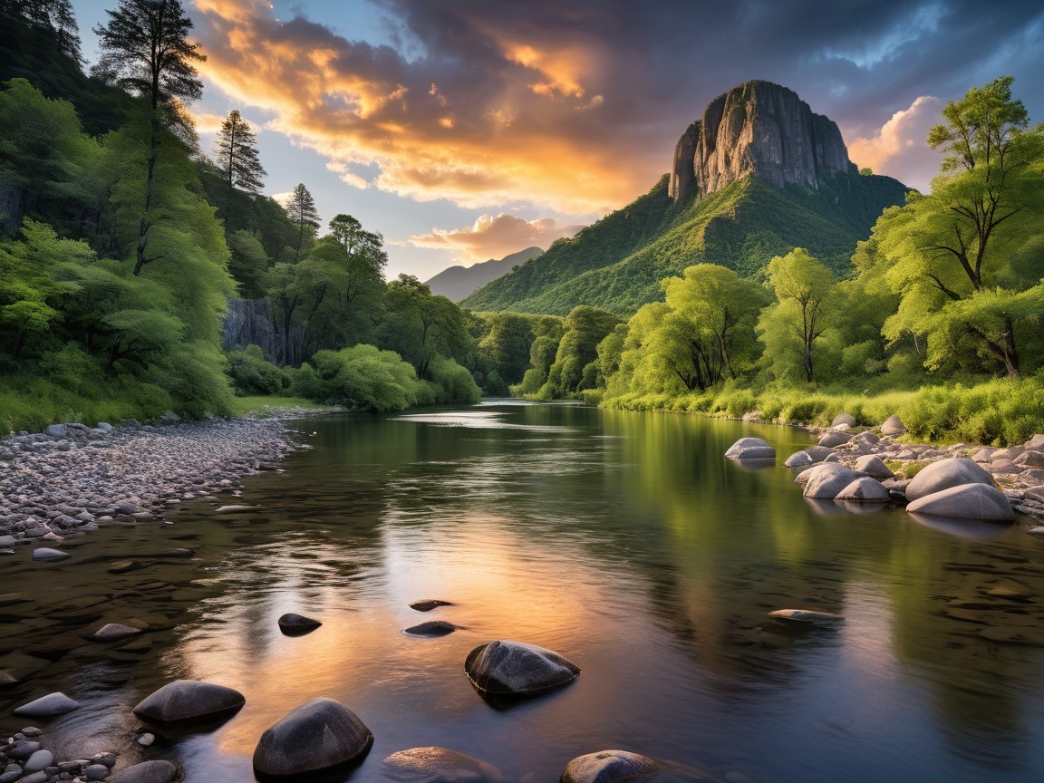 Serene River in Lush Landscape at Sunset