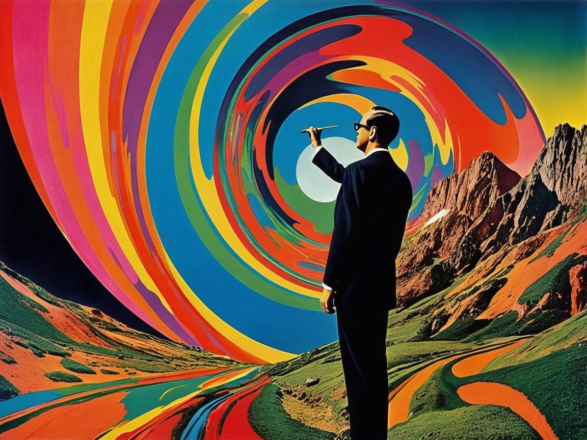 Man in Suit Against Psychedelic Vortex Background