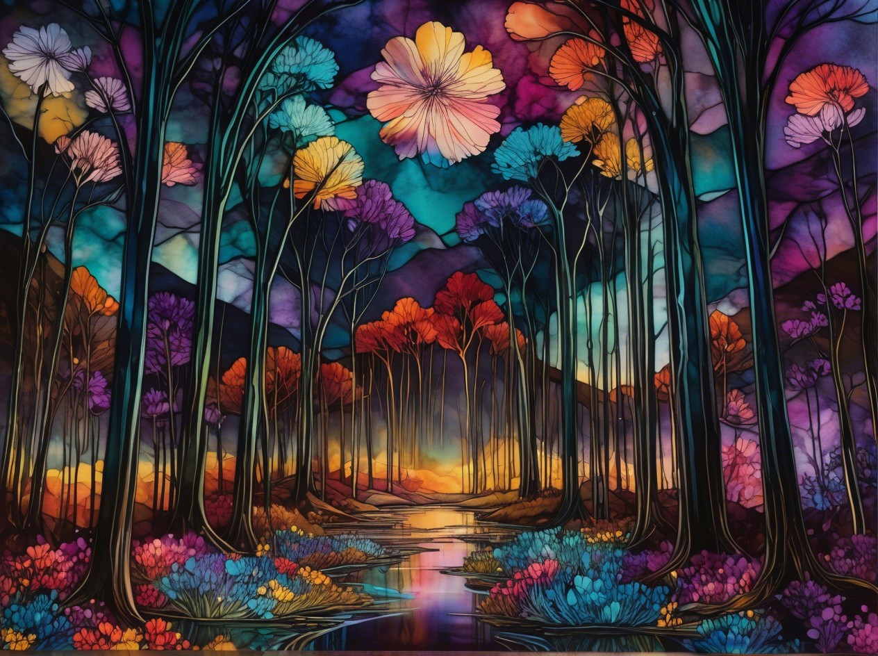 Vibrant Stained Glass Art of a Forest and River Scene
