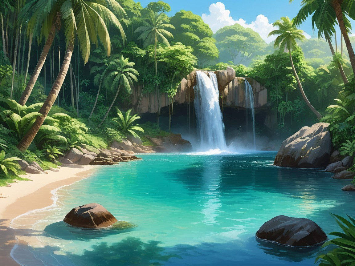 Tropical Paradise with Waterfall and Turquoise Lagoon