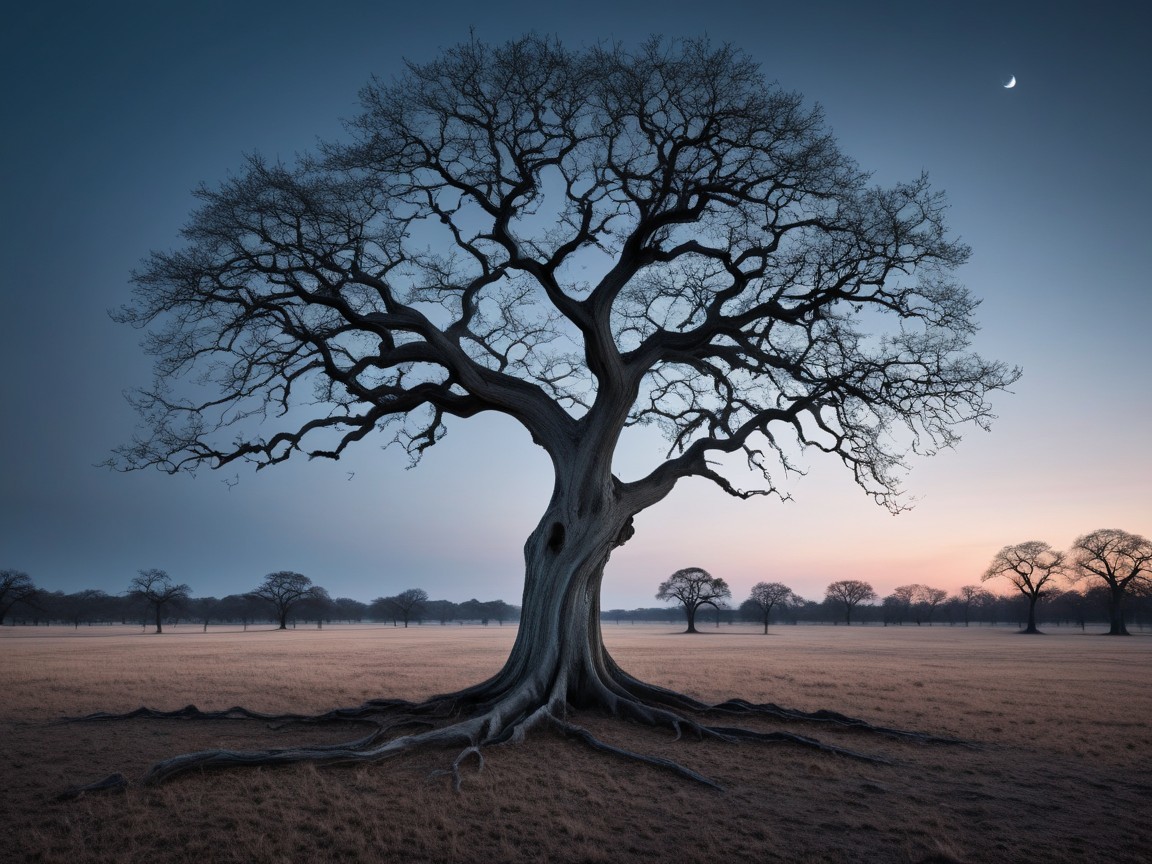 Solitary tree in twilight landscape with crescent moon