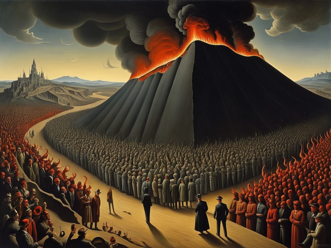 Volcanic Eruption with Crowd and Scenic Landscape