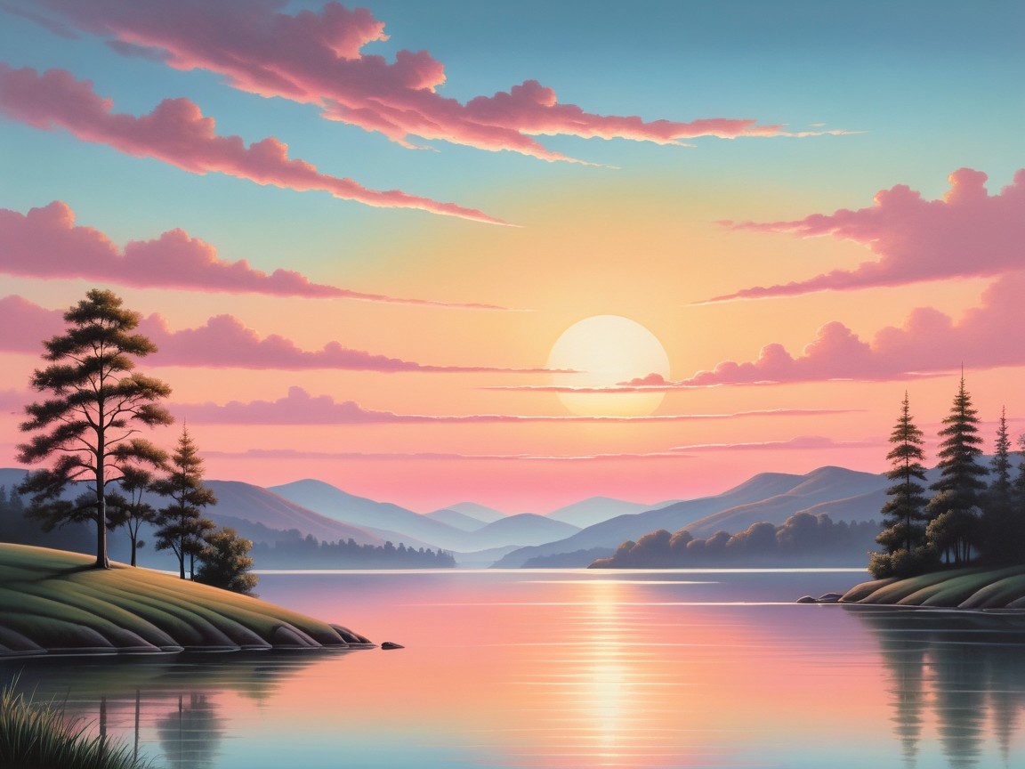 Tranquil Lake Sunset Landscape with Silhouetted Mountains