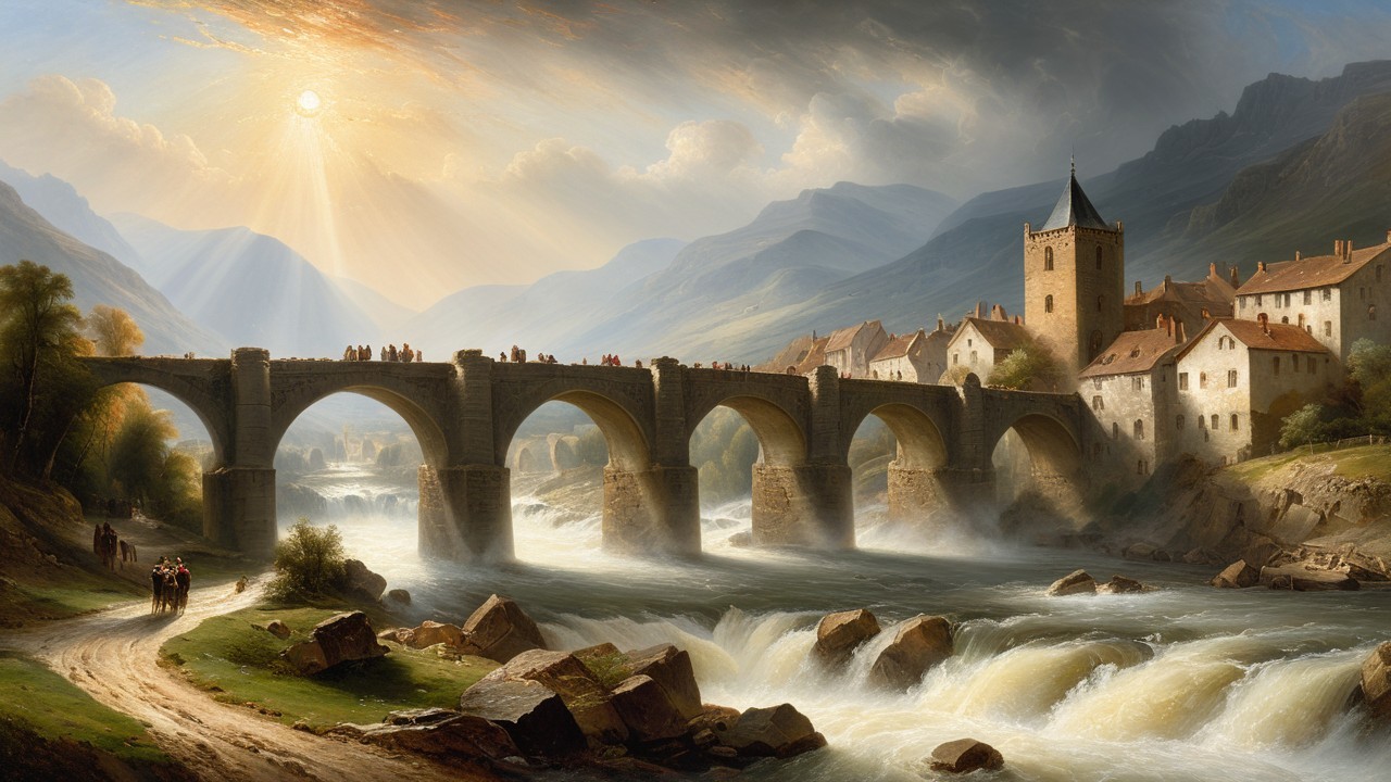 Scenic Landscape with Stone Bridge and River View