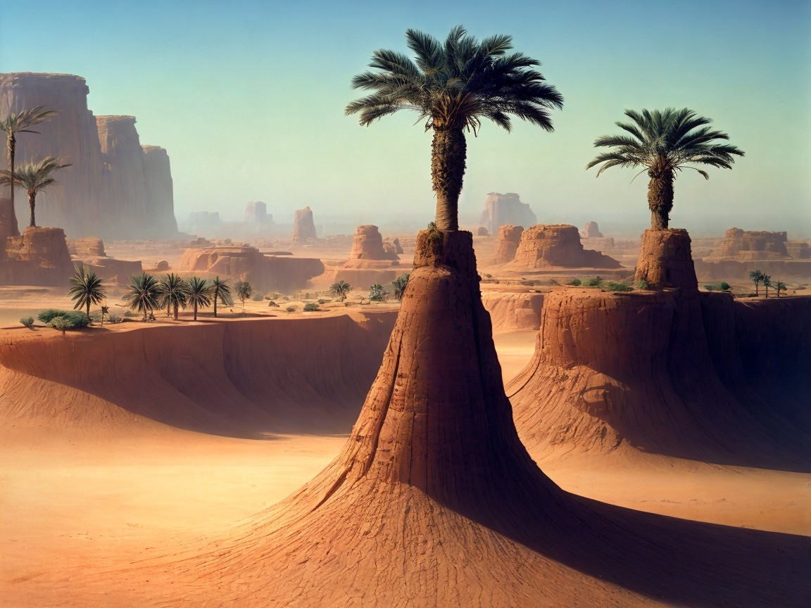 Desert Landscape with Rock Formations and Palm Trees