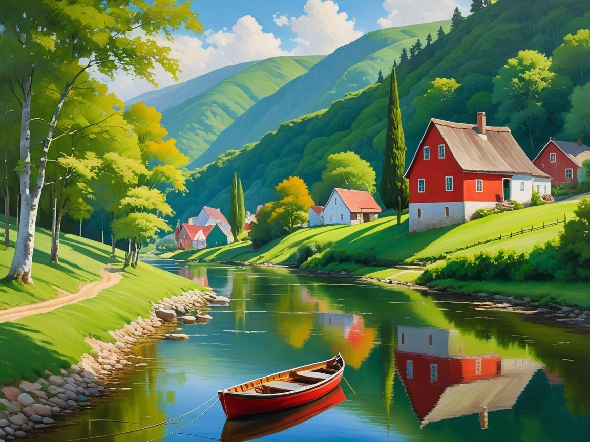 Scenic River Landscape with Lush Green Hills and Houses
