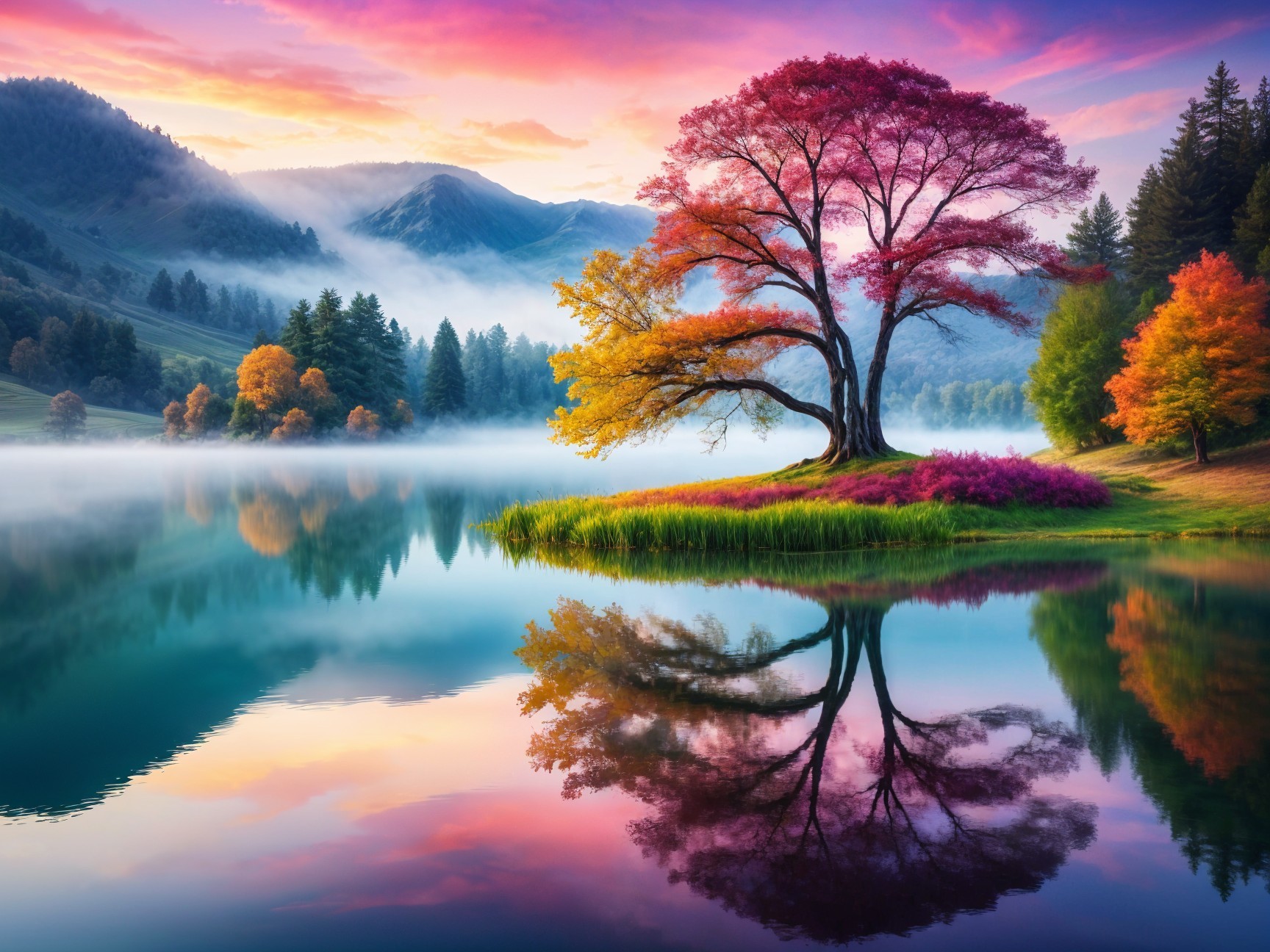 Serene Autumn Landscape at Dawn with Vibrant Foliage