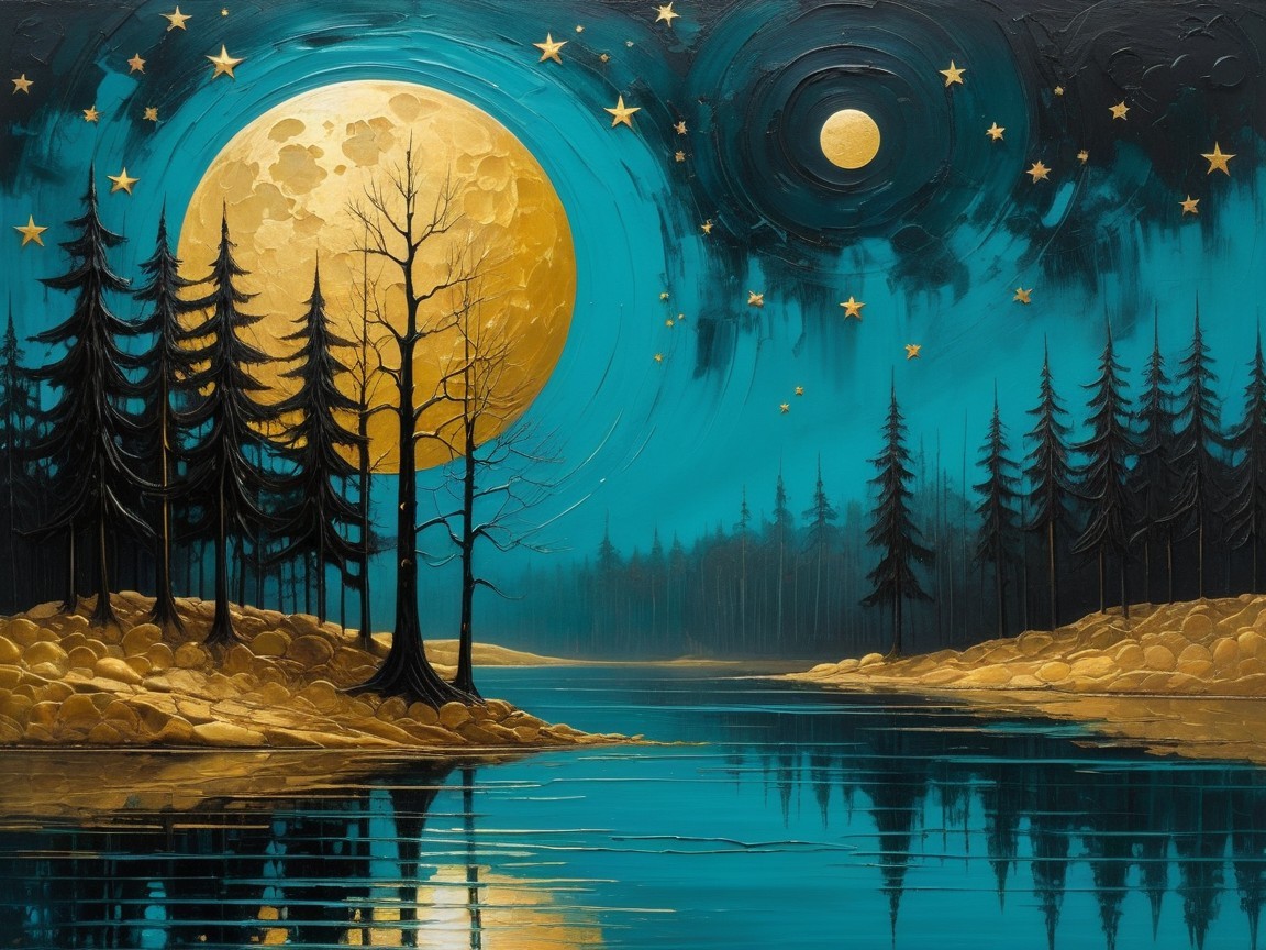 Serene Night Landscape with Moonlit River and Trees