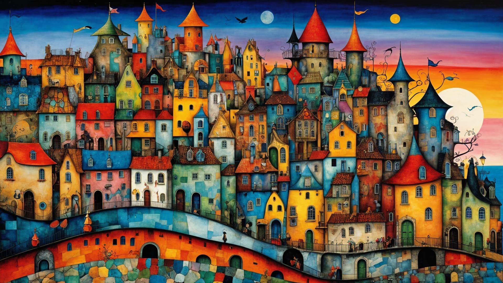 Colorful Town Landscape with Unique Buildings and Sunset