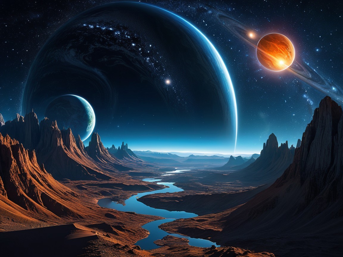 Cosmic Landscape with Mountains and Planets at Night