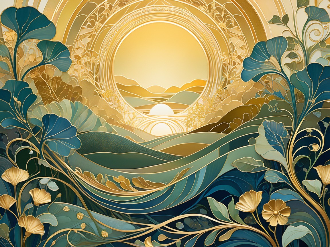 Serene landscape with rolling hills and stylized vegetation