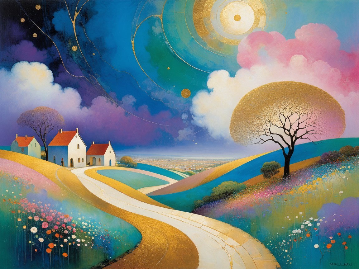 Vibrant Landscape with Hills, Wildflowers, and Houses