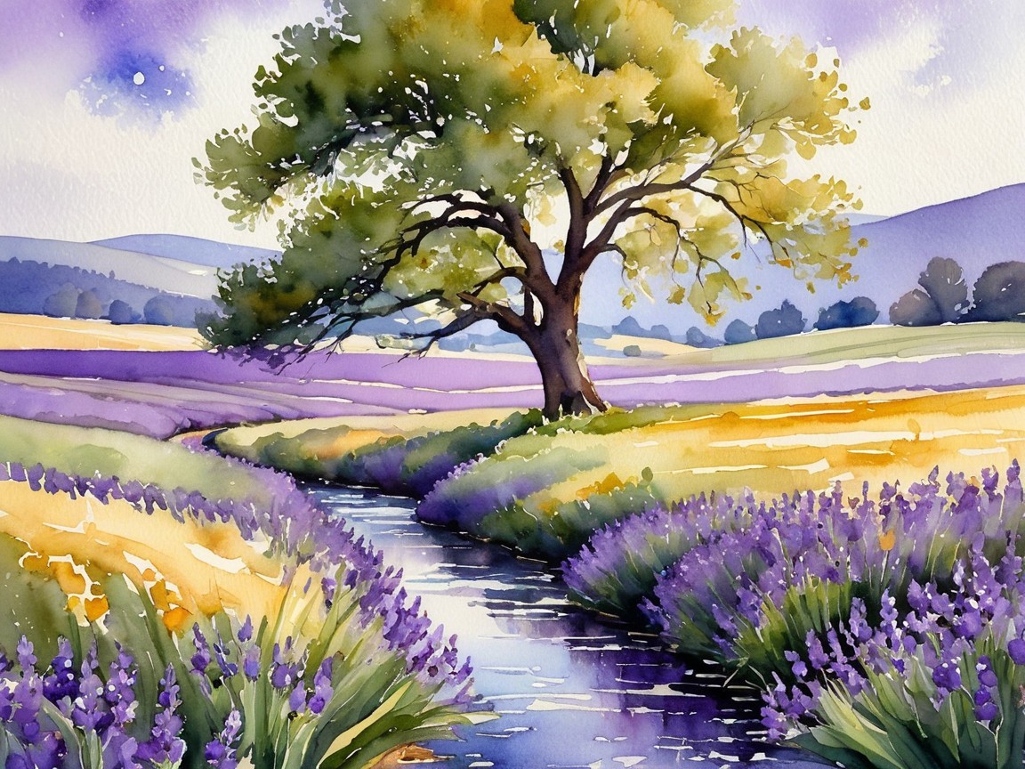 Serene Landscape with Tree, Stream, and Lavender Fields