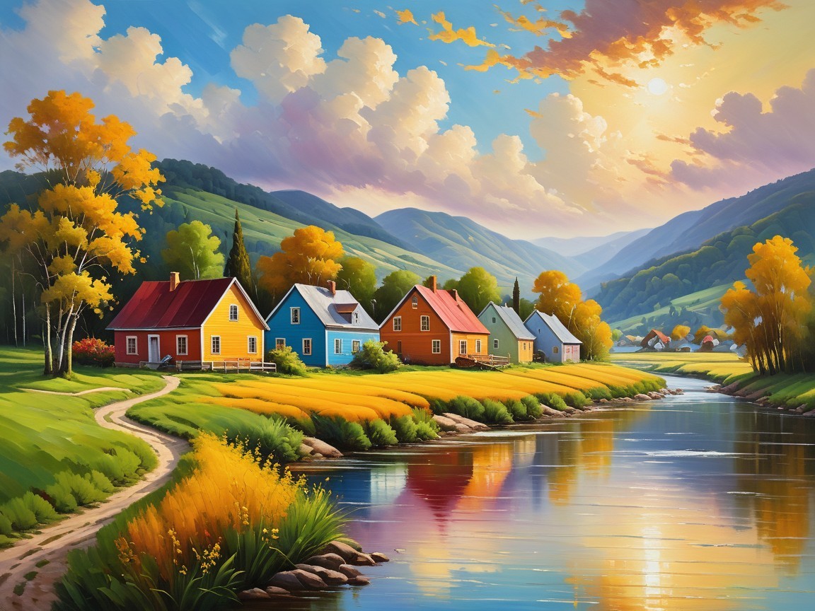 Vibrant countryside landscape with serene river and cottages